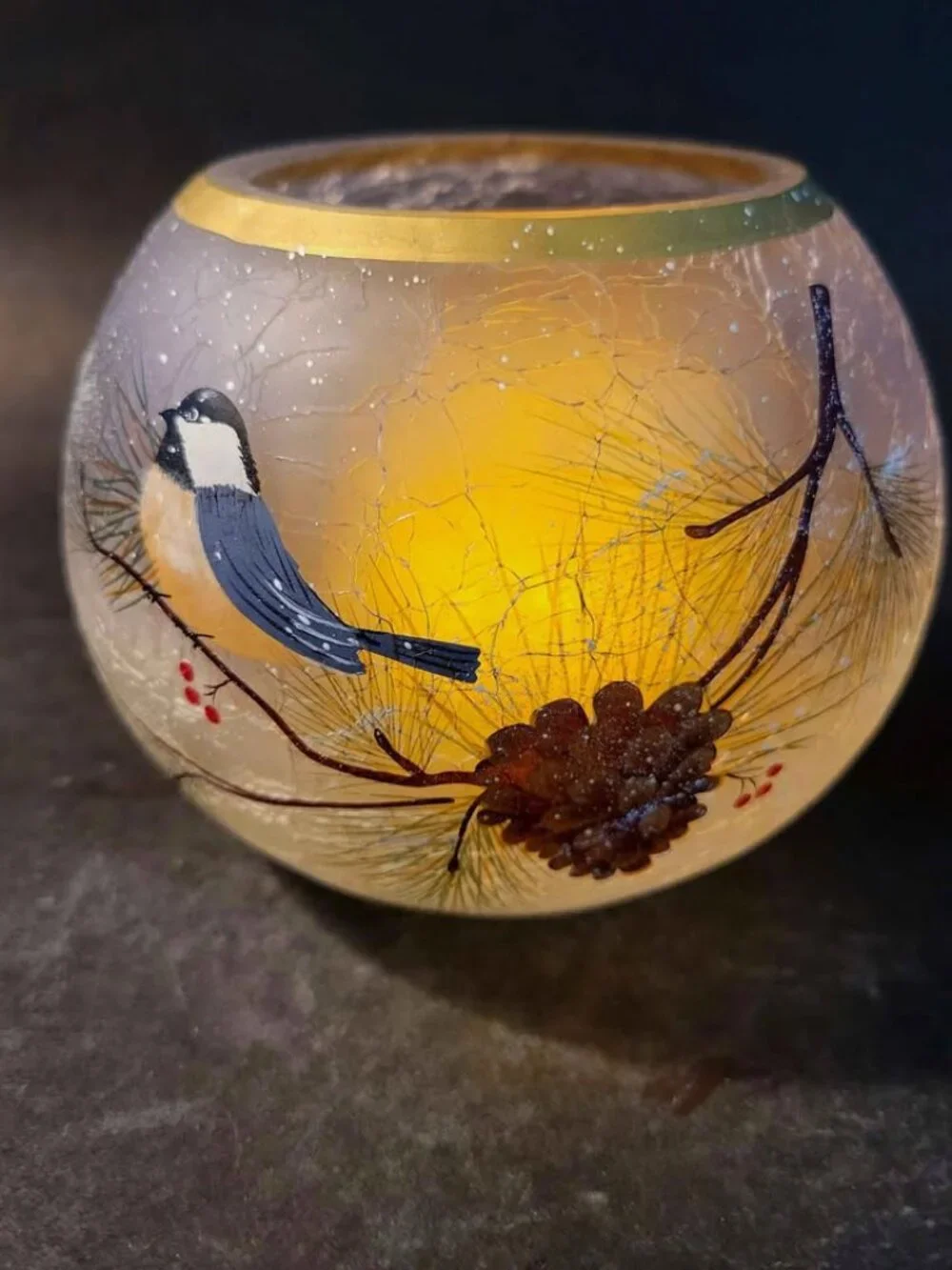 Crackled, Frosted Candle Holder with Chickadee Birds, Pine Cones, Pine Needles